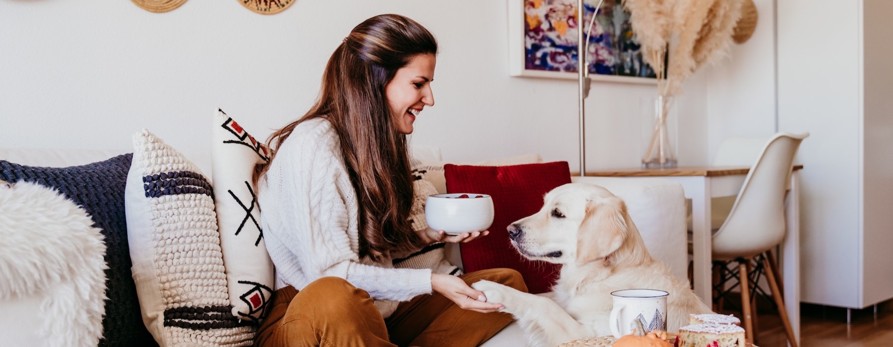 a person sitting on a couch with a dog