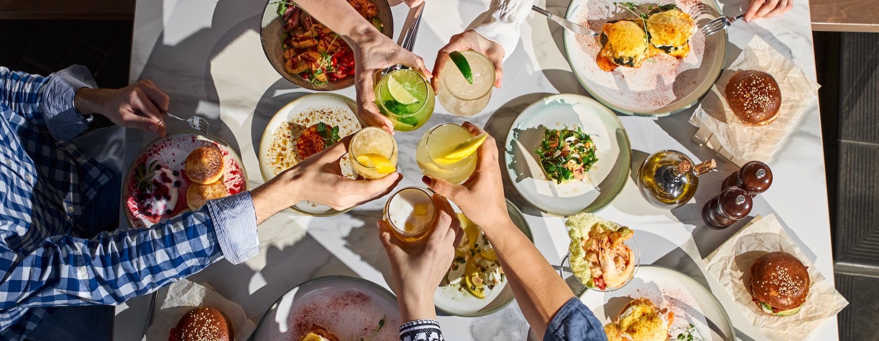 a group of people eating food